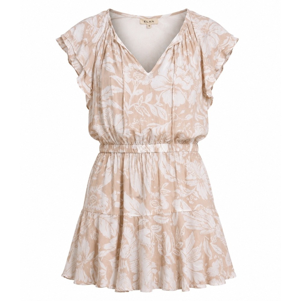 Elan Floral Ruffle Mini Dress Tan Cream Tropical Smocked Waist M